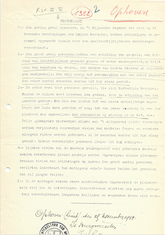 Beantwoorde enquête van de gemeente Ophoven (Kinrooi) naar aanleiding van de 1932 aardbeving te Uden (NL).
