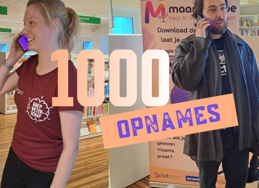 2 sprekers met een telefoon in hun hand die iets inspreken in de Maarallee-app. Voor de afbeelding staat een grafische tekst met "1000 opnames"